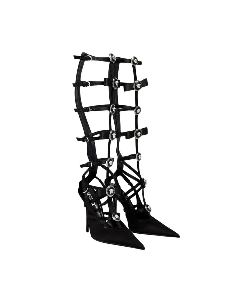 NIB Versace Runway Ribbon EU 36 US 6 Black Satin Knee High Cage Pumps $2,350
